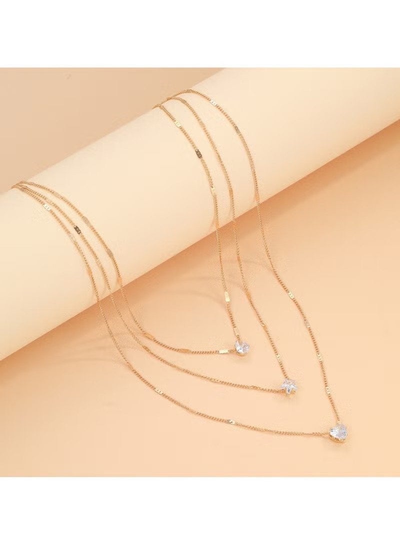 Huitich Gold 3-Layer Charm Necklace – Drop, Star & Heart Design - Image 4