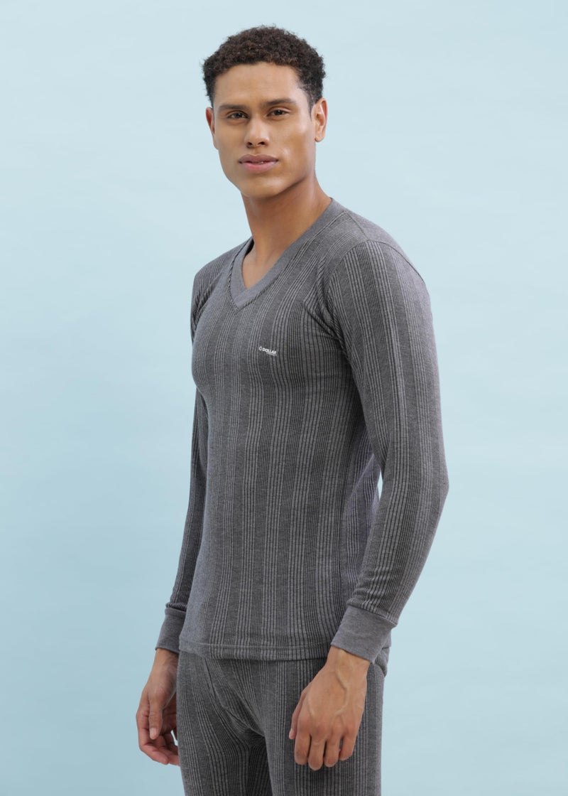 Dollar Ultra Combed Cotton Mens Thermal V-Neck Full Sleeve Top Charcoal Melange - Image 2