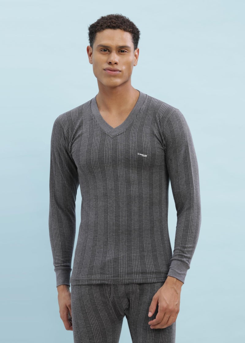 Dollar Ultra Combed Cotton Mens Thermal V-Neck Full Sleeve Top Charcoal Melange - Image 1