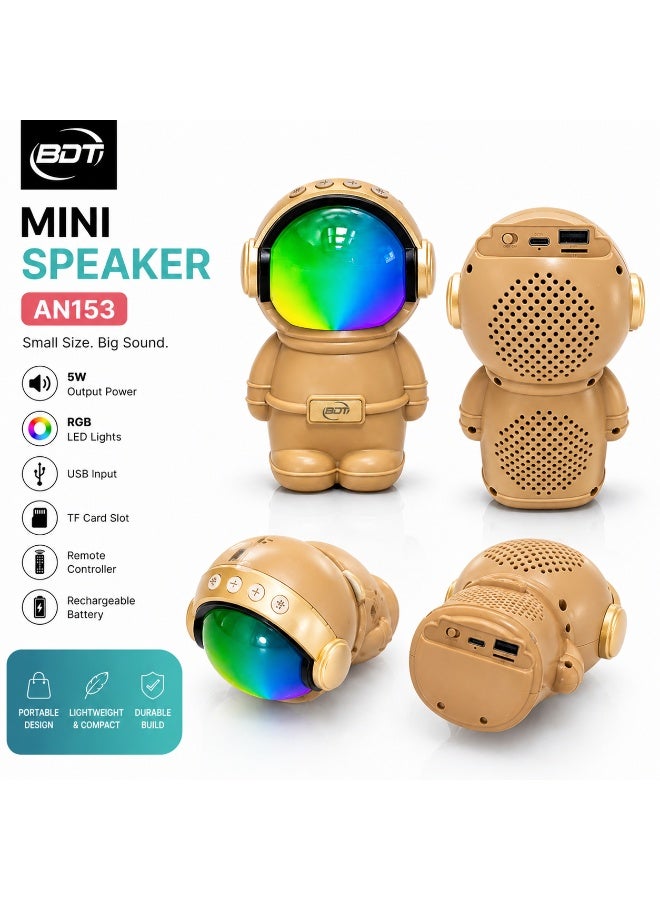 BDT سماعة بلوتوث محمولة BDT موديل AN153 بتصميم رائد فضاء وصوت قوي 5 واط مع إضاءة RGB ودعم USB وTF Card - بني - Image 2