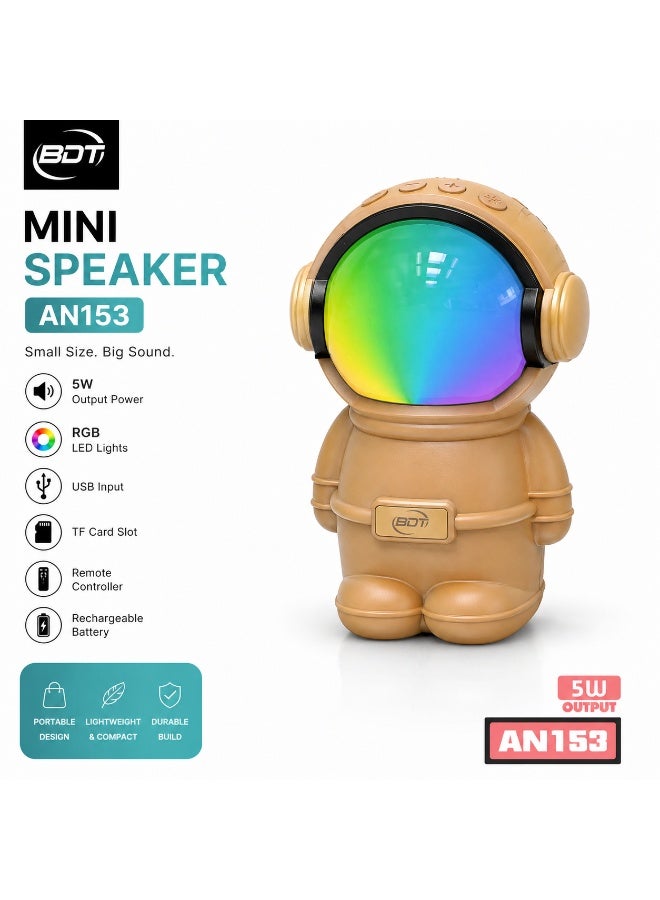 BDT سماعة بلوتوث محمولة BDT موديل AN153 بتصميم رائد فضاء وصوت قوي 5 واط مع إضاءة RGB ودعم USB وTF Card - بني - Image 1