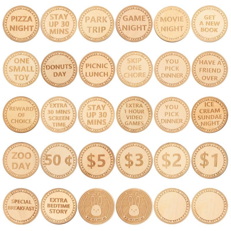 CypherX Easter Egg Fillers- Wooden Easter Bunny Coins, Easter Prizes Stuffers Coins, Family Night Tokens, 24 Redeemable Reward Tokens+6 Blank DIY Tokens, Unique Family Easter Egg Hunt Activities - Image 3