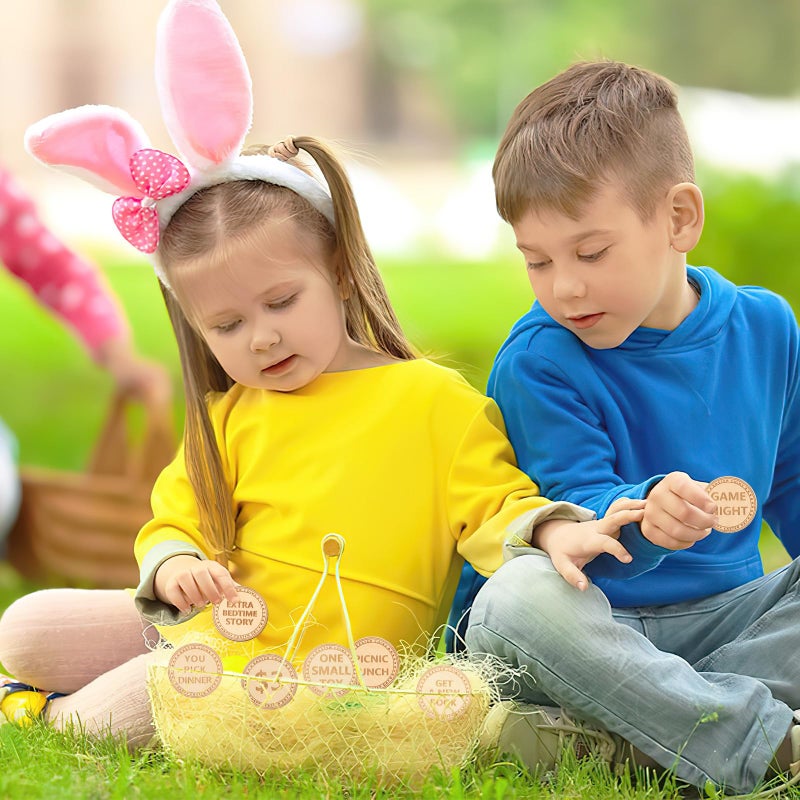 CypherX Easter Egg Fillers- Wooden Easter Bunny Coins, Easter Prizes Stuffers Coins, Family Night Tokens, 24 Redeemable Reward Tokens+6 Blank DIY Tokens, Unique Family Easter Egg Hunt Activities - Image 4