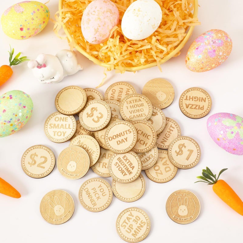CypherX Easter Egg Fillers- Wooden Easter Bunny Coins, Easter Prizes Stuffers Coins, Family Night Tokens, 24 Redeemable Reward Tokens+6 Blank DIY Tokens, Unique Family Easter Egg Hunt Activities - Image 1