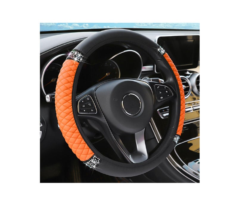 Leather Car Steering Wheel Cover, 15 Inch Colorful Rhinestones Elastic Auto Steering Wheel Protector, Bling Steering Wheel Cover for Women Men, Car Accessories for Cars, Vehicles, SUVs (Orange)