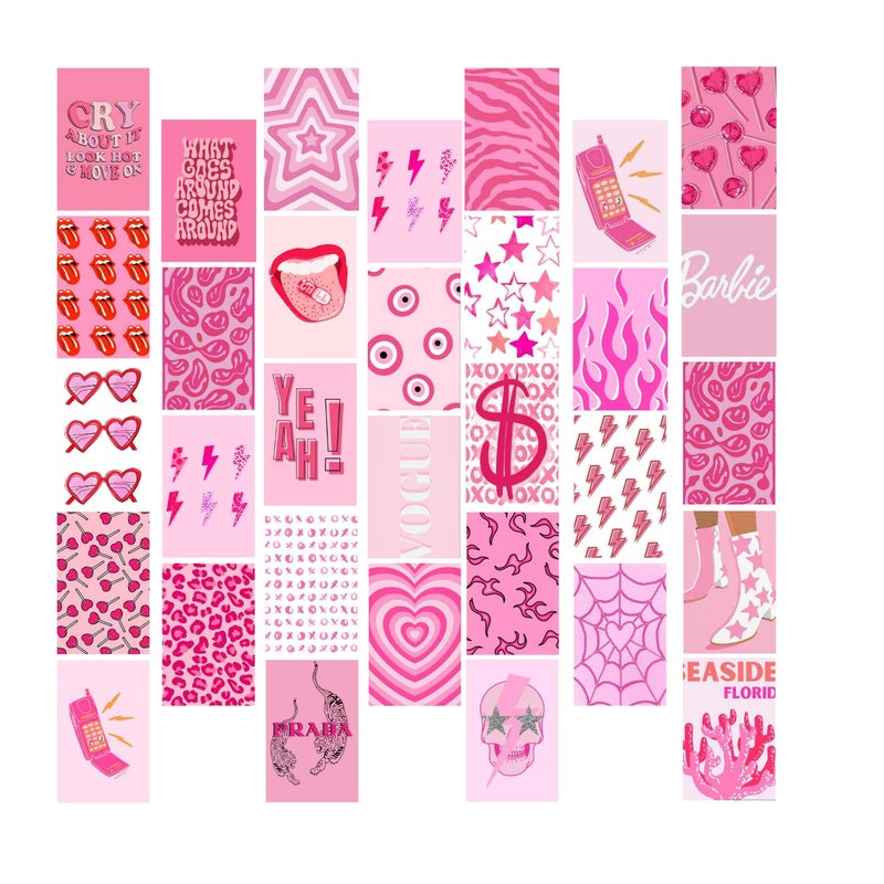 Kitty Cat Preppy Pink Aesthetic Wall Collage Kit for Room Decor Set of 30 Aesthetic Posters 300 GSM Water Resistant Paper Size 4x6 Inch Unframed Comes With Double Sided Tape 30