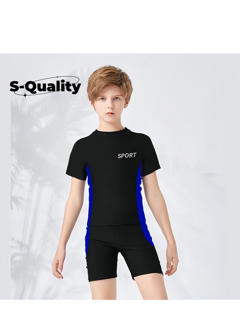 S-Quality 2 Piece Boys Swimsuit Swimming Trunks Set Toddler Kids Training Quick Dry Swimwear Children Short Sleeves Clothing Beachwear Split Bathing Suit for Summer Black - Image 1