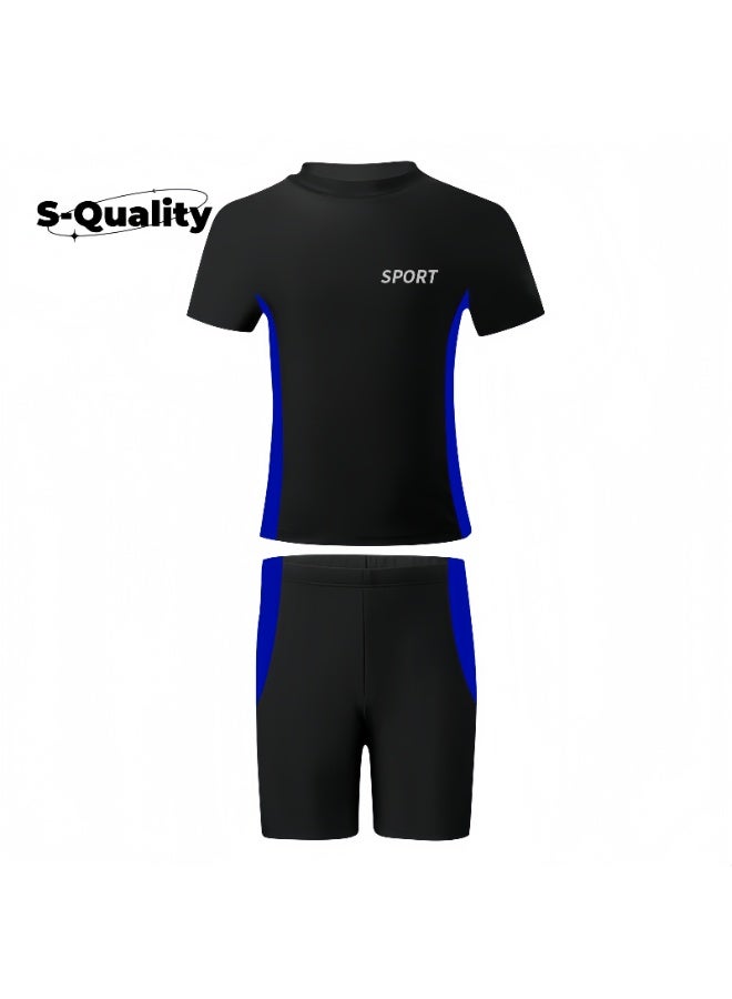 S-Quality 2 Piece Boys Swimsuit Swimming Trunks Set Toddler Kids Training Quick Dry Swimwear Children Short Sleeves Clothing Beachwear Split Bathing Suit for Summer Black - Image 2