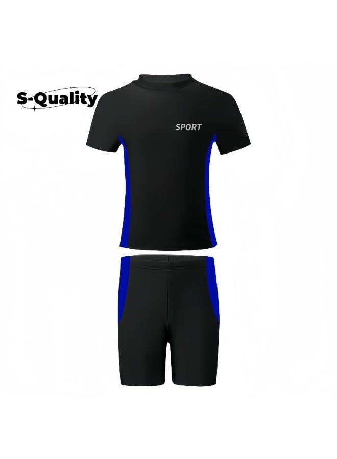 S-Quality 2 Piece Boys Swimsuit Swimming Trunks Set Toddler Kids Training Quick Dry Swimwear Children Short Sleeves Clothing Beachwear Split Bathing Suit for Summer Black - Image 3