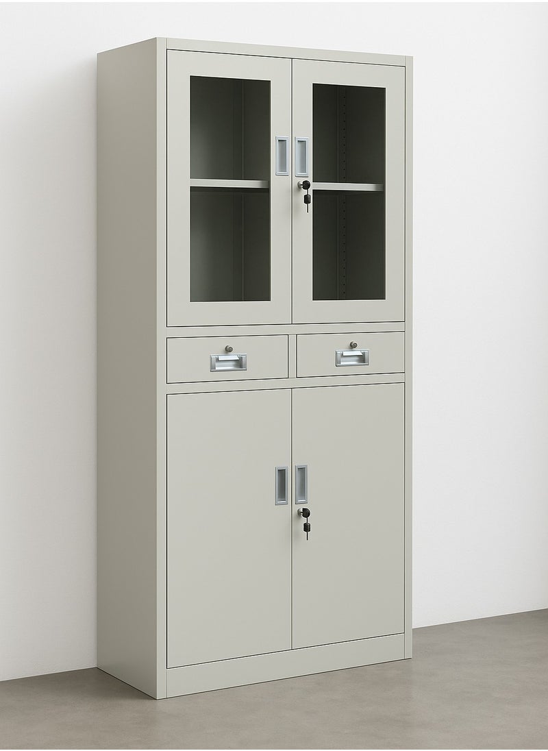 KARNAK Karnak Modern Two Doors Upper Glass,Two Lockable Center Drawers and Two Lower Doors Steel wardrobe, Cabinet For Living Room, Kitchen,Office, and School Color Grey FC-20  - Image 5