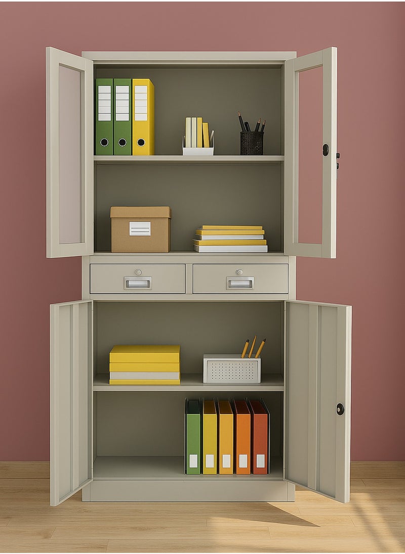 KARNAK Karnak Modern Two Doors Upper Glass,Two Lockable Center Drawers and Two Lower Doors Steel wardrobe, Cabinet For Living Room, Kitchen,Office, and School Color Grey FC-20  - Image 1