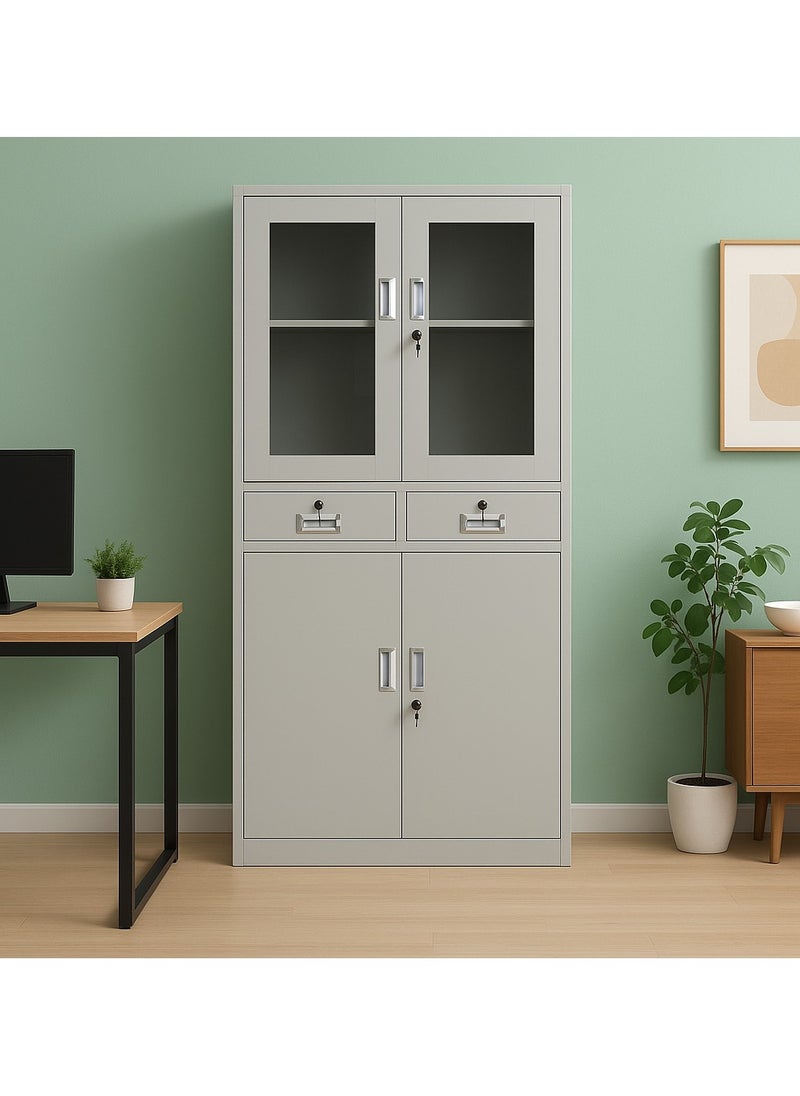 KARNAK Karnak Modern Two Doors Upper Glass,Two Lockable Center Drawers and Two Lower Doors Steel wardrobe, Cabinet For Living Room, Kitchen,Office, and School Color Grey FC-20  - Image 2