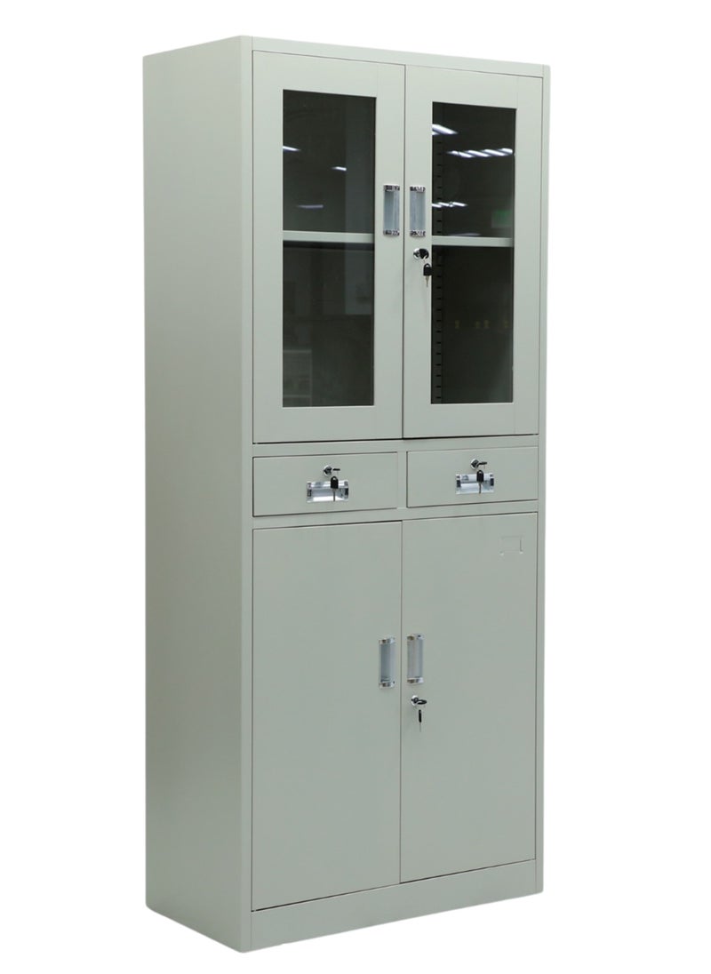 KARNAK Karnak Modern Two Doors Upper Glass,Two Lockable Center Drawers and Two Lower Doors Steel wardrobe, Cabinet For Living Room, Kitchen,Office, and School Color Grey FC-20  - Image 1