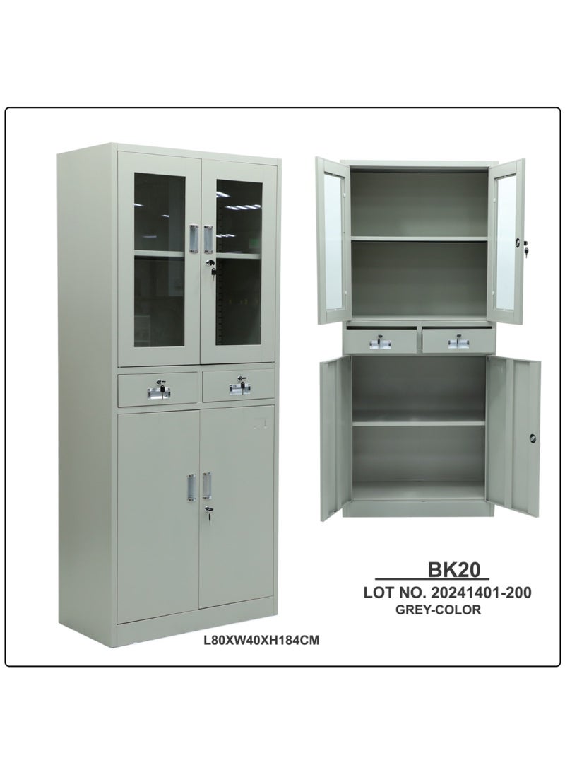 KARNAK Karnak Modern Two Doors Upper Glass,Two Lockable Center Drawers and Two Lower Doors Steel wardrobe, Cabinet For Living Room, Kitchen,Office, and School Color Grey FC-20  - Image 2
