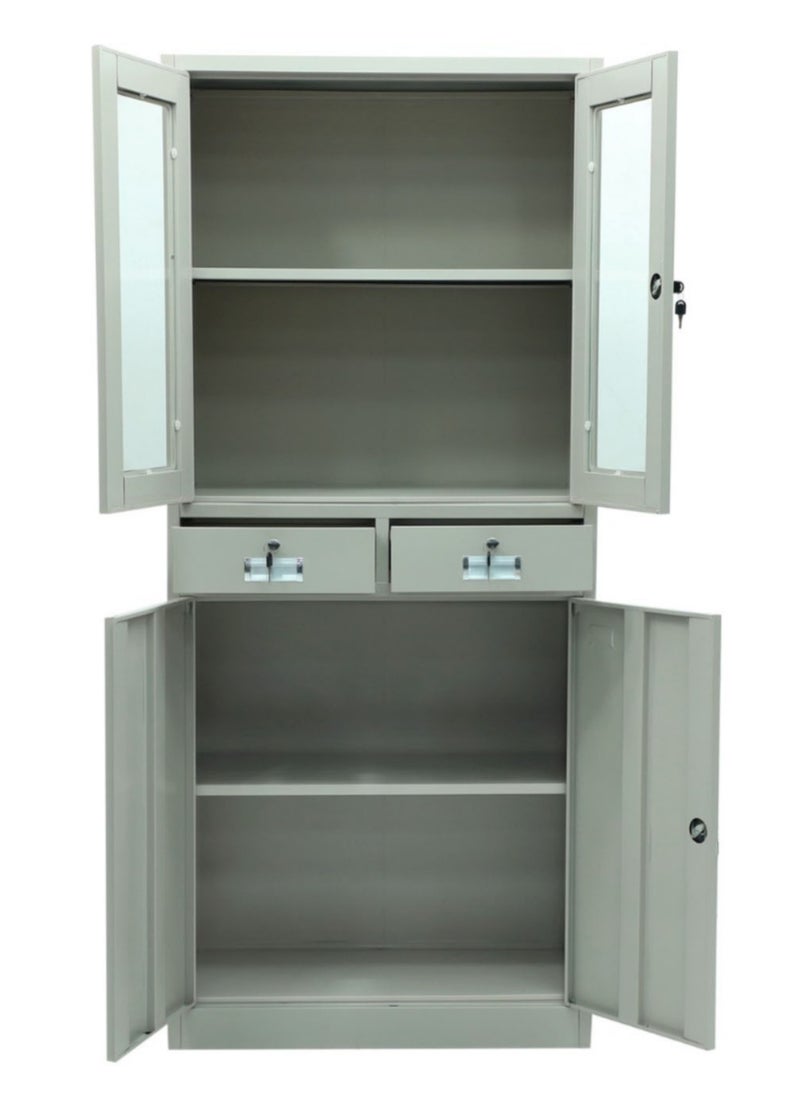 KARNAK Karnak Modern Two Doors Upper Glass,Two Lockable Center Drawers and Two Lower Doors Steel wardrobe, Cabinet For Living Room, Kitchen,Office, and School Color Grey FC-20  - Image 3