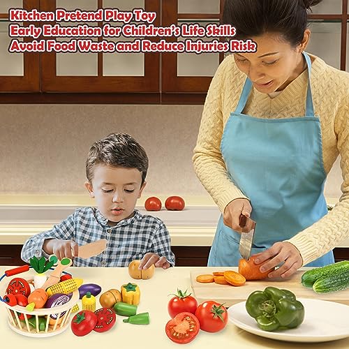 Smartwo Wooden Vegetable Toys for ChildrenPretend Play Food Set for Kid Magnetic Cutting Kitchen Toy with Picnic BasketBaby Dinette Accessories for Toddlers Store GroceryGift for Girl Boy - Image 5