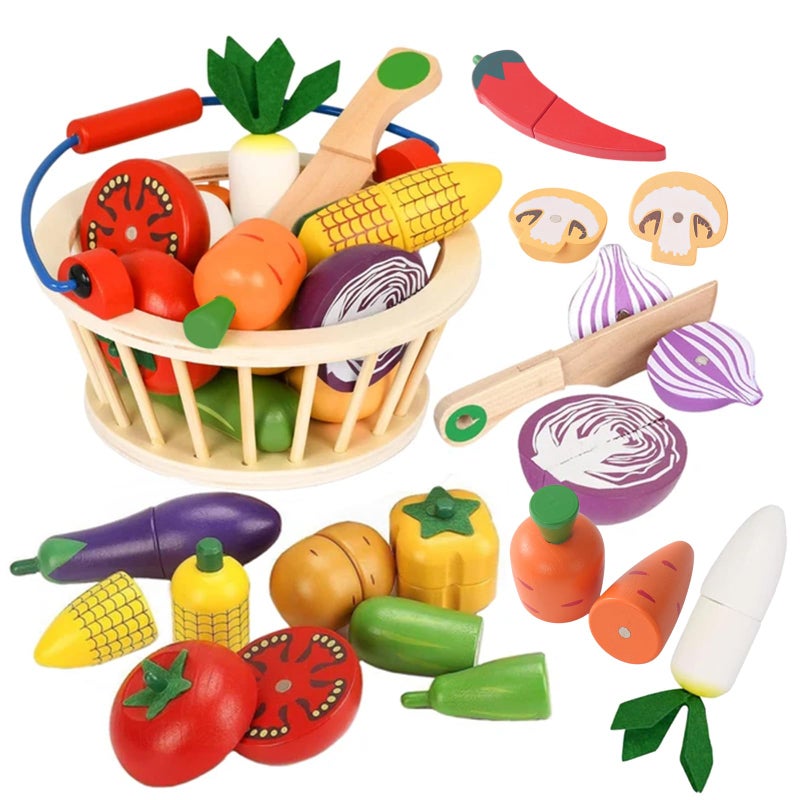 Smartwo Wooden Vegetable Toys for ChildrenPretend Play Food Set for Kid Magnetic Cutting Kitchen Toy with Picnic BasketBaby Dinette Accessories for Toddlers Store GroceryGift for Girl Boy - Image 3