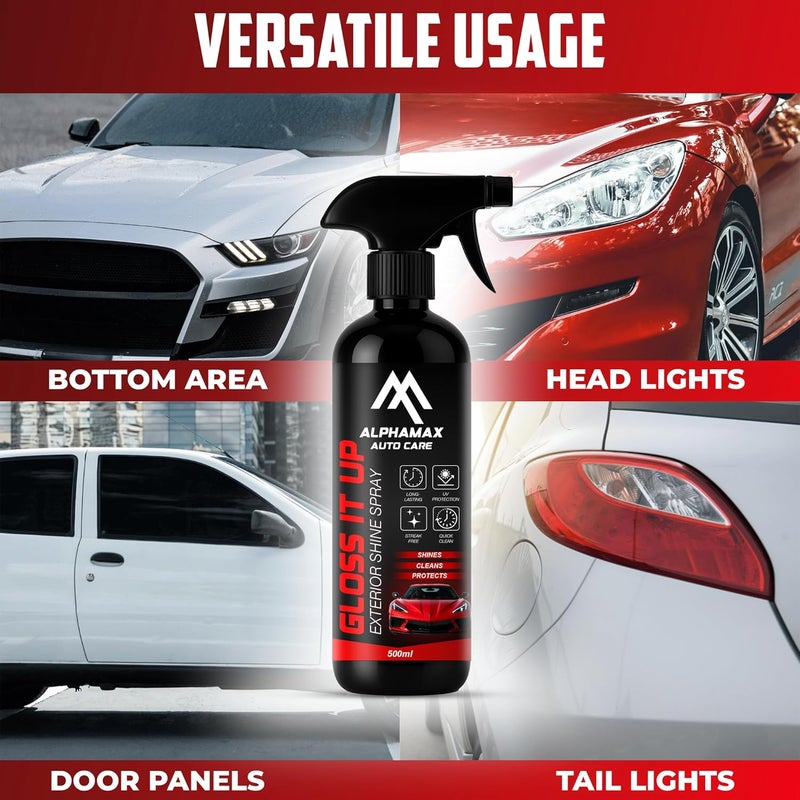 Alphamax Car & Bike Exterior Shine Spray 500ML With Cleaning Cloth, UV & Dust Protection, High-Gloss Silicone Glaze, Non-Sticky, Water-Resistant Polish for Painted, Plastic & Chrome Surfaces - Image 4