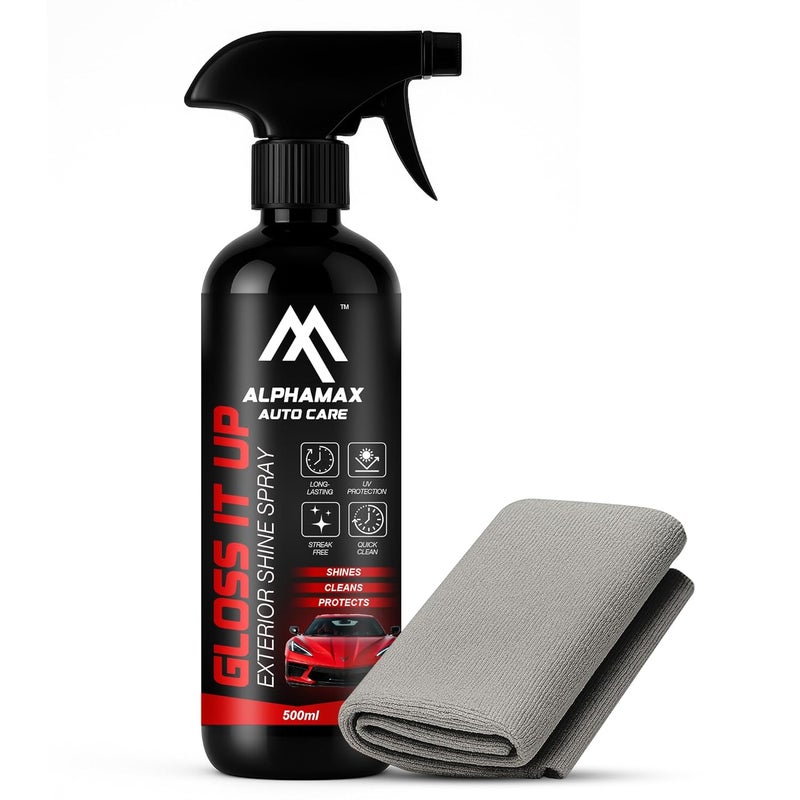 Alphamax Car & Bike Exterior Shine Spray 500ML With Cleaning Cloth, UV & Dust Protection, High-Gloss Silicone Glaze, Non-Sticky, Water-Resistant Polish for Painted, Plastic & Chrome Surfaces - Image 1