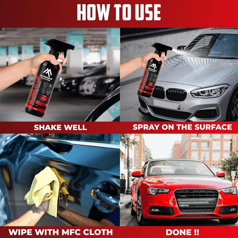 Alphamax Car & Bike Exterior Shine Spray 500ML With Cleaning Cloth, UV & Dust Protection, High-Gloss Silicone Glaze, Non-Sticky, Water-Resistant Polish for Painted, Plastic & Chrome Surfaces - Image 5