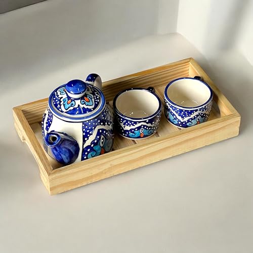 BACKKSPACE RETAIL Hand Painted Ceramic Tea Pot Set - 2 Cups (160ml), Kettle (450ml), and Wooden Tray | Elegant Golden Eye Pattern | Perfect for Tea Lovers| Microwave & Dishwasher Safe| Ideal Gift Set - Image 5