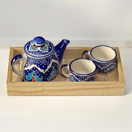 BACKKSPACE RETAIL Hand Painted Ceramic Tea Pot Set - 2 Cups (160ml), Kettle (450ml), and Wooden Tray | Elegant Golden Eye Pattern | Perfect for Tea Lovers| Microwave & Dishwasher Safe| Ideal Gift Set - Image 3