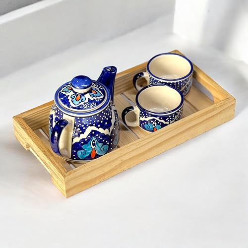 BACKKSPACE RETAIL Hand Painted Ceramic Tea Pot Set - 2 Cups (160ml), Kettle (450ml), and Wooden Tray | Elegant Golden Eye Pattern | Perfect for Tea Lovers| Microwave & Dishwasher Safe| Ideal Gift Set - Image 1