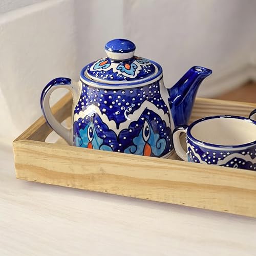 BACKKSPACE RETAIL Hand Painted Ceramic Tea Pot Set - 2 Cups (160ml), Kettle (450ml), and Wooden Tray | Elegant Golden Eye Pattern | Perfect for Tea Lovers| Microwave & Dishwasher Safe| Ideal Gift Set - Image 2