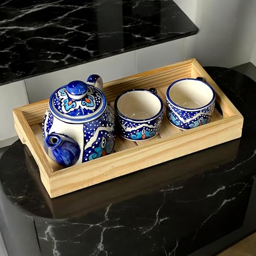 BACKKSPACE RETAIL Hand Painted Ceramic Tea Pot Set - 2 Cups (160ml), Kettle (450ml), and Wooden Tray | Elegant Golden Eye Pattern | Perfect for Tea Lovers| Microwave & Dishwasher Safe| Ideal Gift Set - Image 4