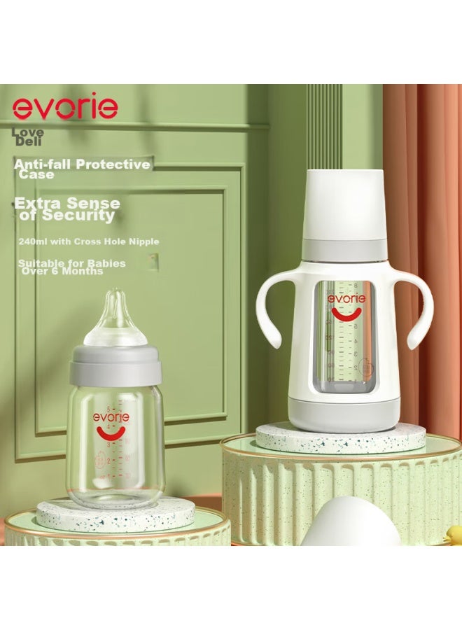 Evorie Glass Baby Bottle, Wide Neck With Protective Sleeve And Handle, Infant Bottle 240ml - Image 1