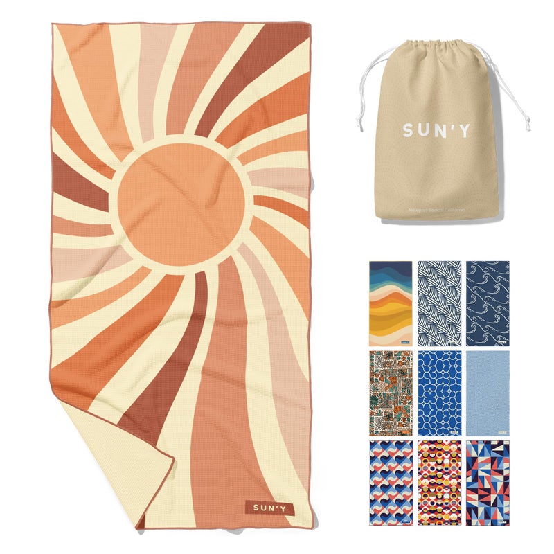 SUNY Waffle Microfiber Beach Towel  Sand Free Quick Dry Ultra Absorbent Lightweight  Compact Travel Towel with Carry Bag  Large 63 x 315 Rays