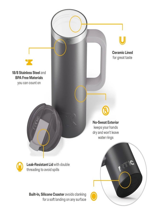 RTIC 20oz Road Trip Travel Mug with Lid and Handle, Insulated, Stainless Steel, Metal, Double Wall Vacuum-Insulation, Ceramic Lined, Portable Coffee, Tea Cup for Hot and Cold Drink, Graphite - Image 4