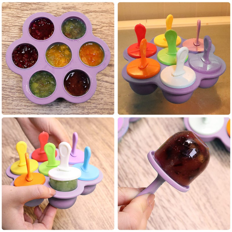 XoYoZo Silicone Popsicle Molds 7-cavity DIY Ice Pop Mold with Colorful Sticks For egg biting ice cream molds storage containers non stick cake molds (Purple) - Image 3