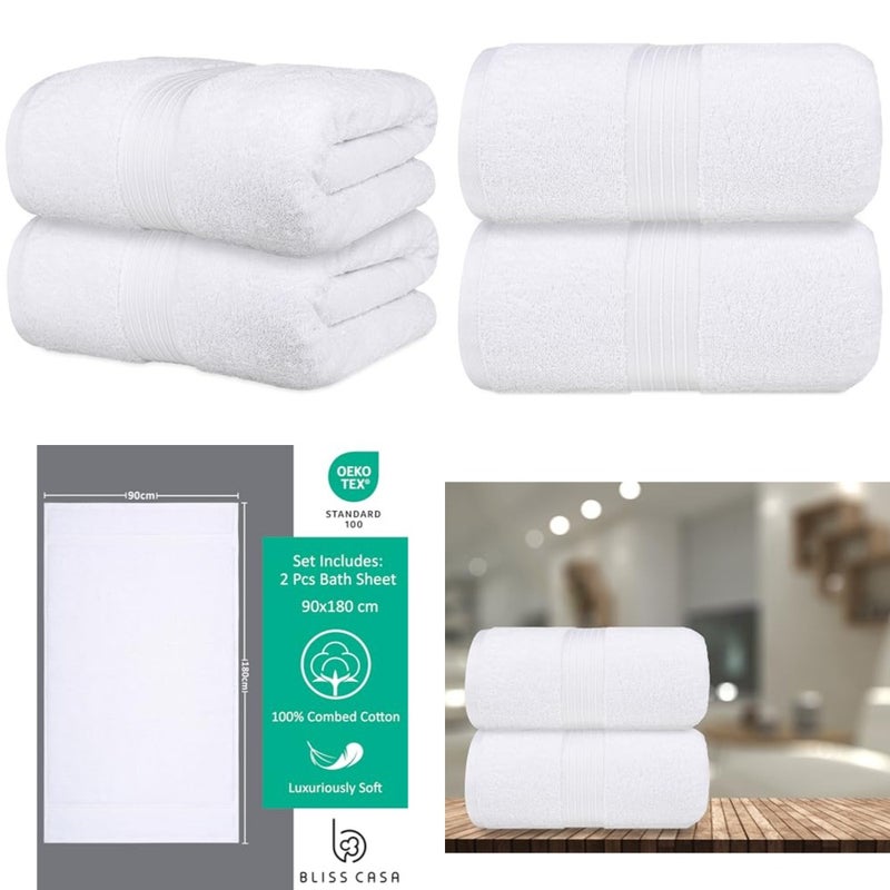 Bath Towel Set 4 Pack, 70 X 140 cm - 600 GSM 100% Combed Cotton Quick Drying Highly Absorbent Thick Bathroom Towels - Soft Hotel Quality for Bath and Spa (White, Bath Sheet 2 Pack) - Image 1