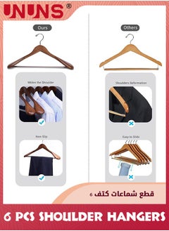 UNUNS Wide Shoulder Wooden Hangers,6 Pcs 100% Solid Wooden Clothes Hanger With Non Slip Pants Bar,Smooth Finish 360° Swivel Hook Wood Suit Hanger Heavy Coat Hangers For Closet Dress Jacket,Vintage  - Image 2