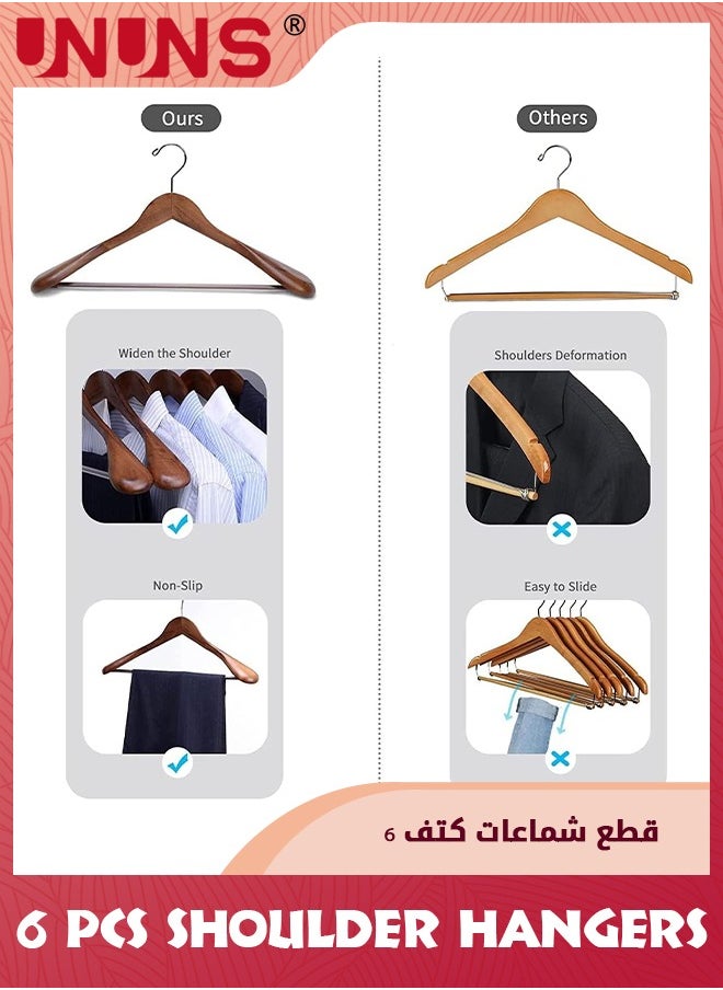 UNUNS - Wide Shoulder Wooden Hangers,6 Pcs 100% Solid Wooden Clothes Hanger With Non Slip Pants Bar,Smooth Finish 360° Swivel Hook Wood Suit Hanger Heavy Coat Hangers For Closet Dress Jacket,Vintage - Image 1