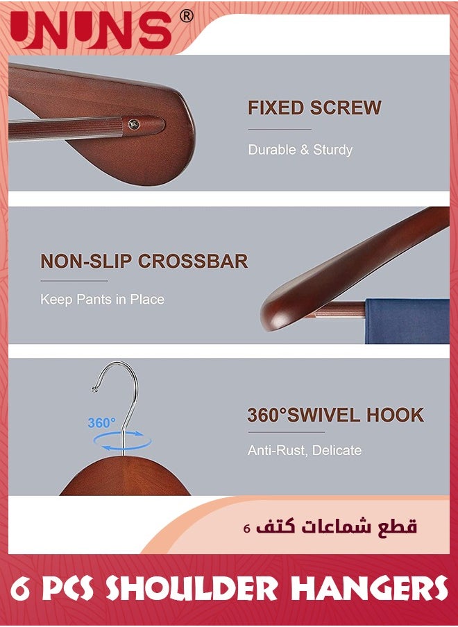 UNUNS - Wide Shoulder Wooden Hangers,6 Pcs 100% Solid Wooden Clothes Hanger With Non Slip Pants Bar,Smooth Finish 360° Swivel Hook Wood Suit Hanger Heavy Coat Hangers For Closet Dress Jacket,Vintage - Image 1