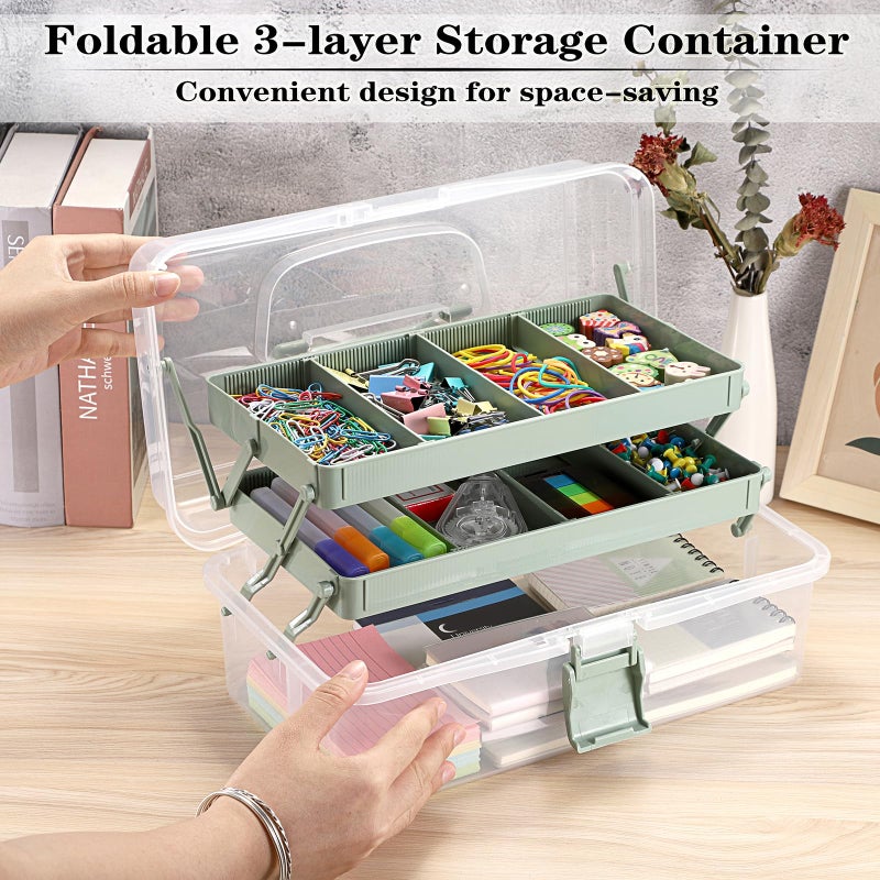 BTSKY 3-Layer Clear Plastic Dividing Storage Box Craft Organizer and Storage with Adjustable Spacers Portable Handled Art Supply Organizer Multipurpose Home Utility Box Sewing Organizers (Haze Green) - Image 4