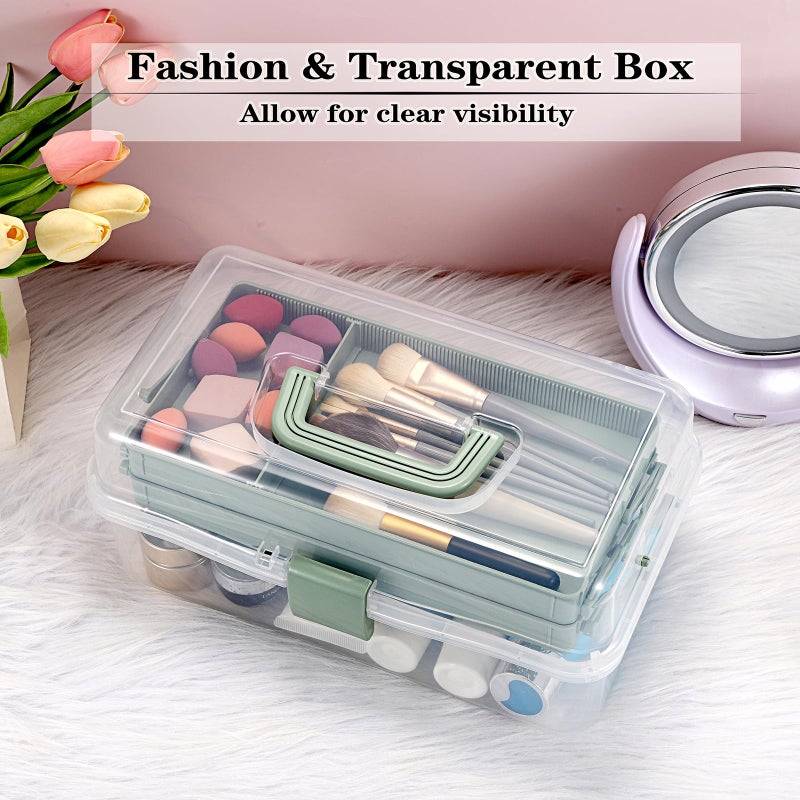 BTSKY 3-Layer Clear Plastic Dividing Storage Box Craft Organizer and Storage with Adjustable Spacers Portable Handled Art Supply Organizer Multipurpose Home Utility Box Sewing Organizers (Haze Green) - Image 2