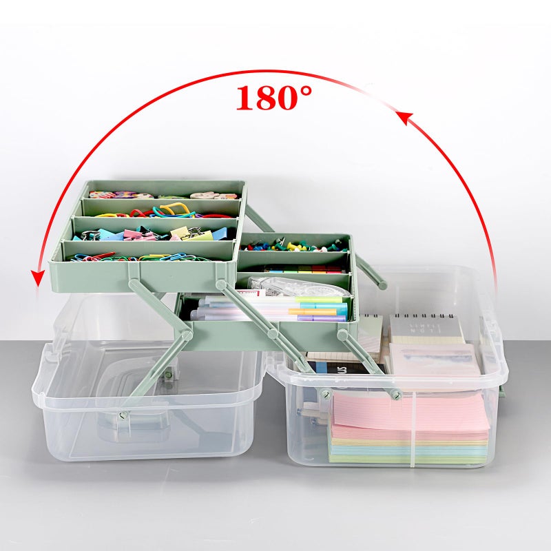 BTSKY 3-Layer Clear Plastic Dividing Storage Box Craft Organizer and Storage with Adjustable Spacers Portable Handled Art Supply Organizer Multipurpose Home Utility Box Sewing Organizers (Haze Green) - Image 3