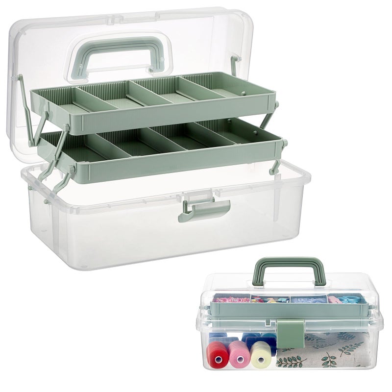 BTSKY 3-Layer Clear Plastic Dividing Storage Box Craft Organizer and Storage with Adjustable Spacers Portable Handled Art Supply Organizer Multipurpose Home Utility Box Sewing Organizers (Haze Green) - Image 1