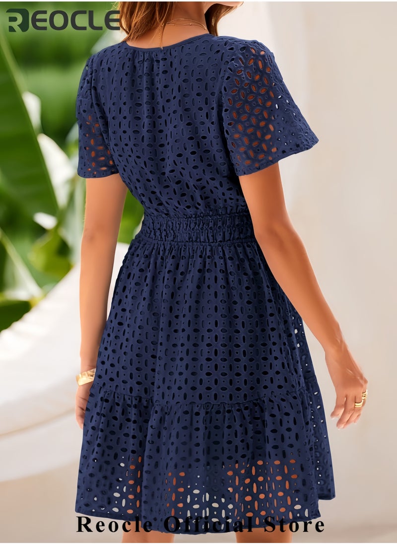 REOCLE Womens Summer Short Dress V Neck Short Sleeve A Line Hollow Out Lace Ruffle Cute Casual Beach Party Dresses  - Image 3