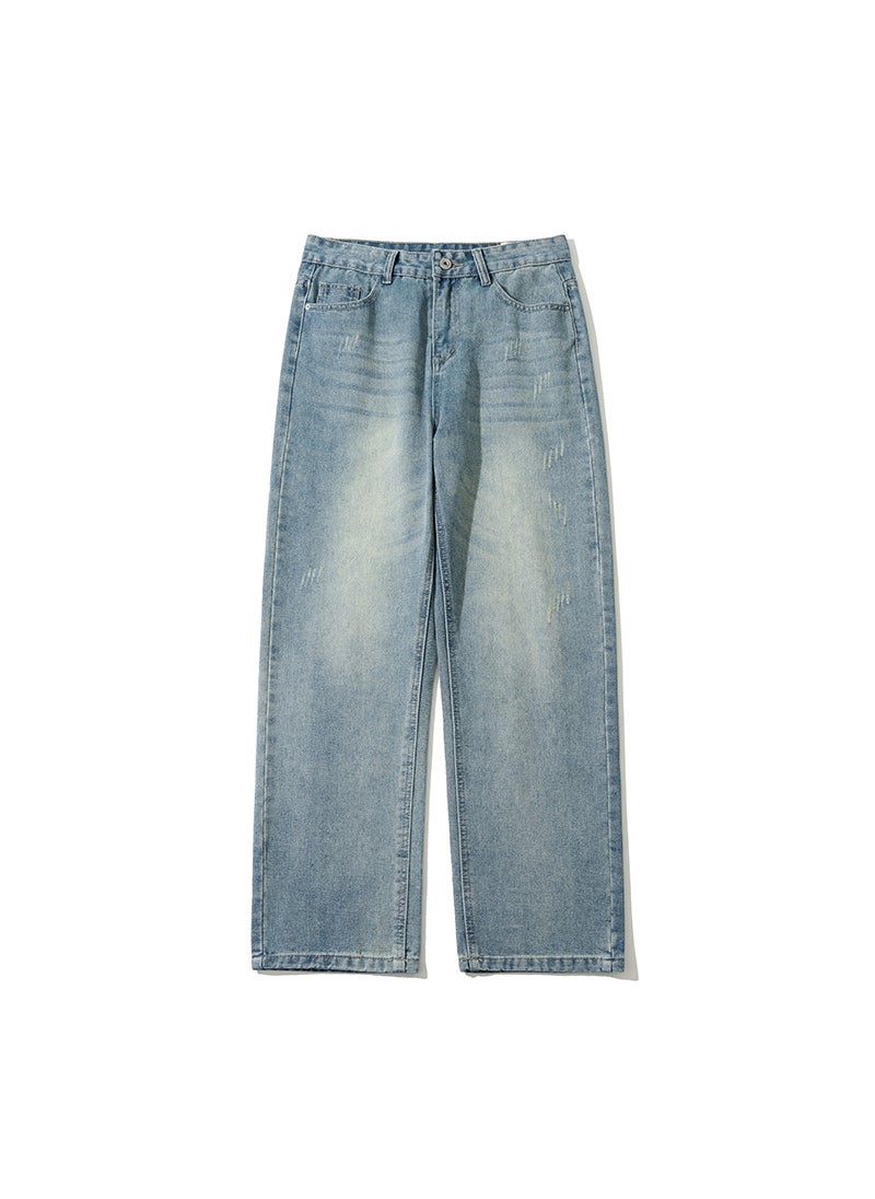 Generic - Retro Washed Whisker Straight-Leg Jeans for Men nostalgic blue - Image 1
