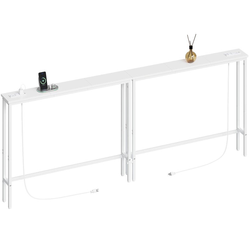 ELYKEN 2 Pack 5.9" Narrow Console Sofa Table with Power Outlets, Total 78.8â€ Long Behind Couch Table with Charge Station and 5.9â€™ Extension Cord for Living Room, 5.9" D x 78.8â€W x 29.5â€H, White - Image 1