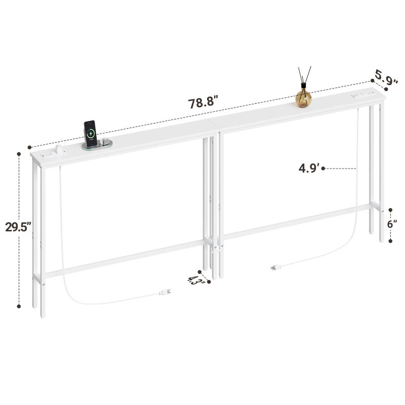 ELYKEN 2 Pack 5.9" Narrow Console Sofa Table with Power Outlets, Total 78.8â€ Long Behind Couch Table with Charge Station and 5.9â€™ Extension Cord for Living Room, 5.9" D x 78.8â€W x 29.5â€H, White - Image 4