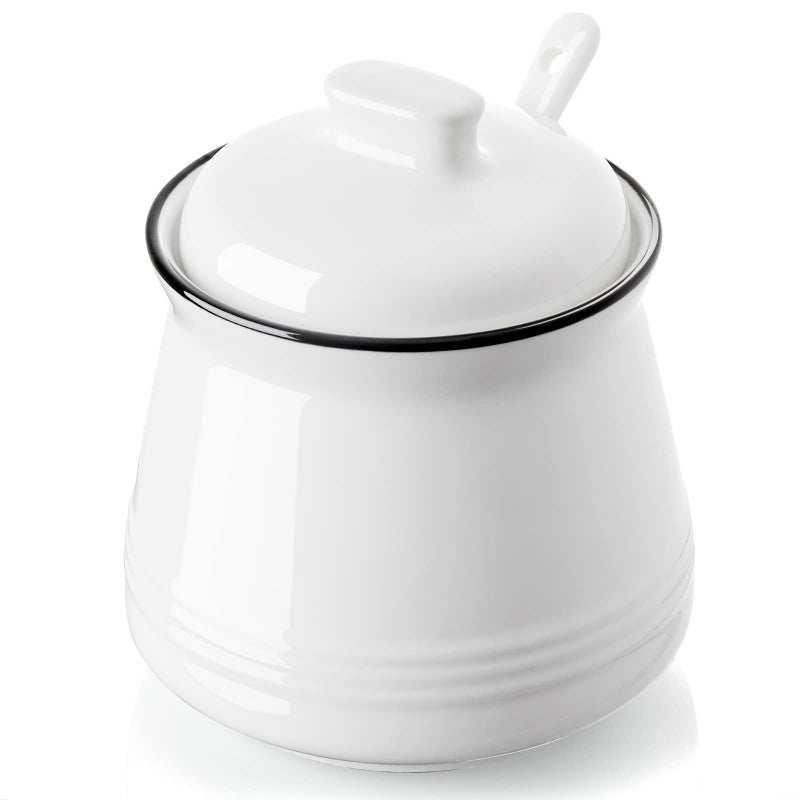DAYYET Sugar Bowl with Lid and Spoon, 12 oz Ceramic Sugar Bowl with Spoon, Sugar Container for Coffee Bar, Sugar Jar Sugar Dispenser Bowl, Modern Kitchen Decor, White - Image 1