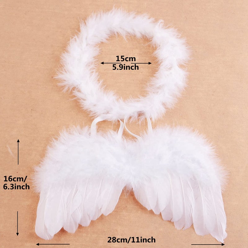 Nishine 2 PACK White Newborn Fuzzy Feather Angel Wings + Headband Set for Baby Cosplay Girls Costume Photography (Angel Ring) - Image 2