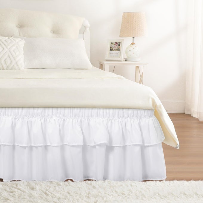 RUFFLE BED SKIRT WHITE QUEEN 16 INCH DROP ELASTIC WRAP AROUND BED SKIRTING QUEEN SIZE EASY TO INSTALL DUST RUFFLE MACHINE WASHABLE SOFT FABRIC MULTI RUFFLE BEDSKIRT