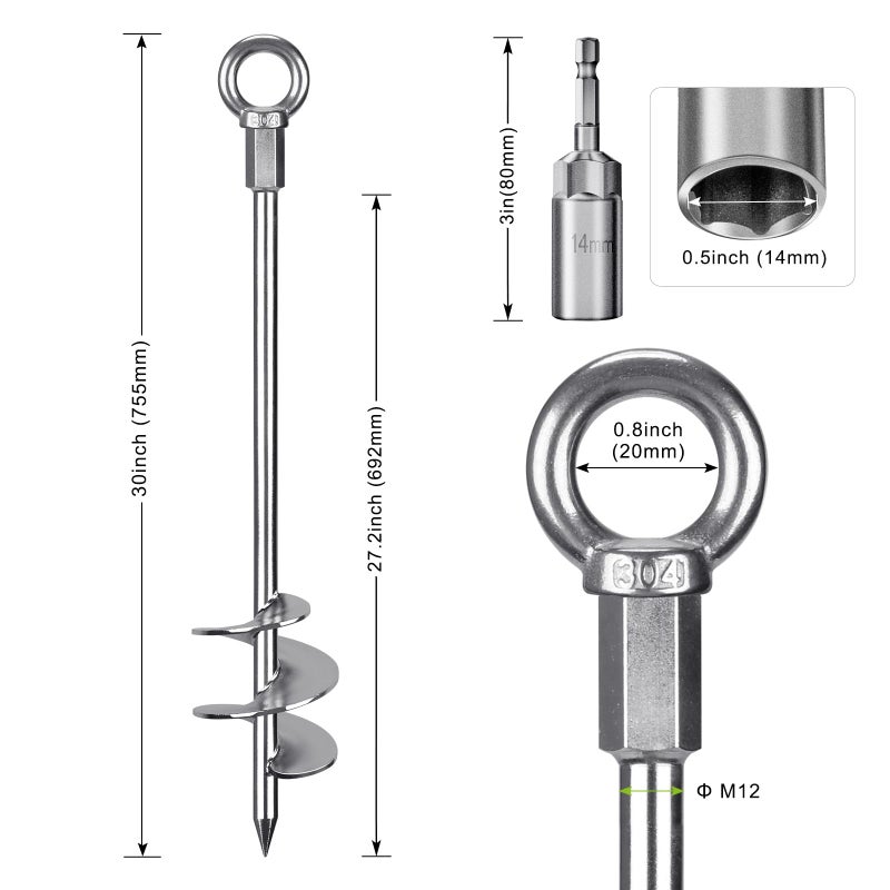 Insaga 30'' Ground Anchors Screw in Heavy Duty 12mm Solid Steel, 3" Spiral Blade with Smooth Edges, Fully Welded Design for Mobile Home, Shed, Trampoline, Swing Set, Carport, Earth, Tent, 4Pack - Image 5