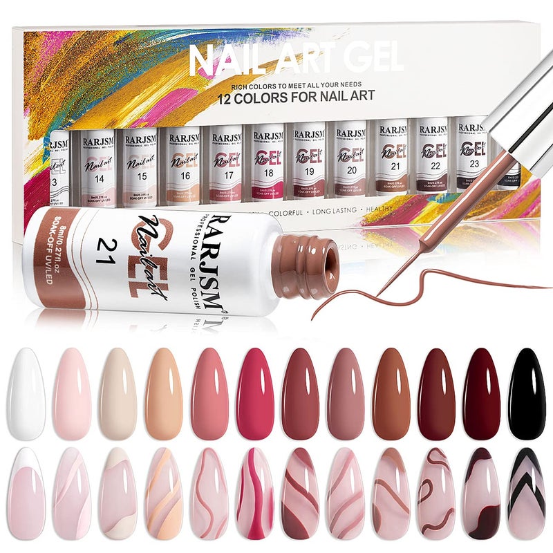 RARJSM Nail Art Gel Liner Painting Polish Set 12 Colors Autumn Winter Brown Wine Red Collection,Painted Gel Nail Polishes Soak Off Curing Requires Salon DIY Manicure NailArt Design Line Art Gelpolish - Image 1